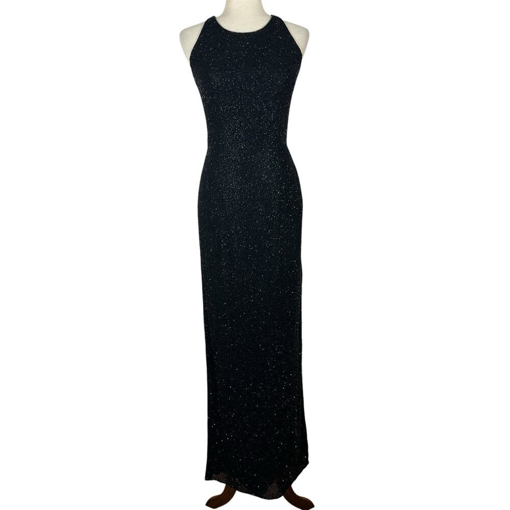 Vintage Cache Maxi Dress Formal Medium Black Silk Beaded Sheath Gown 90s Y2K
